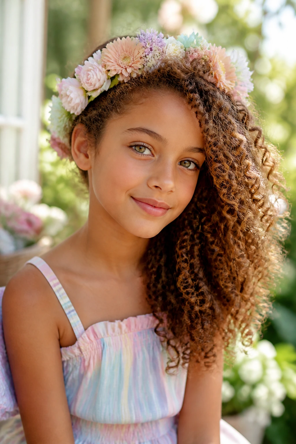 Real person with side-swept curls and pastel flower crown