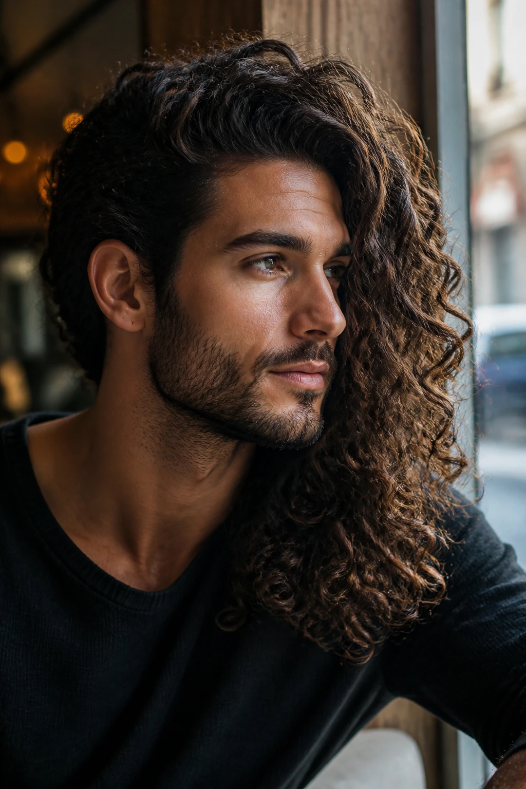 Portrait of a real person with long curls swept to the side at a cafe