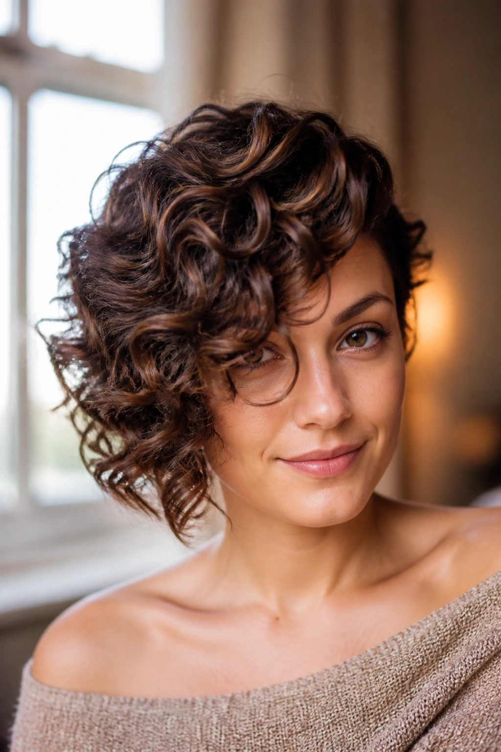 Close-up of a woman with romantic side-swept curls in soft light