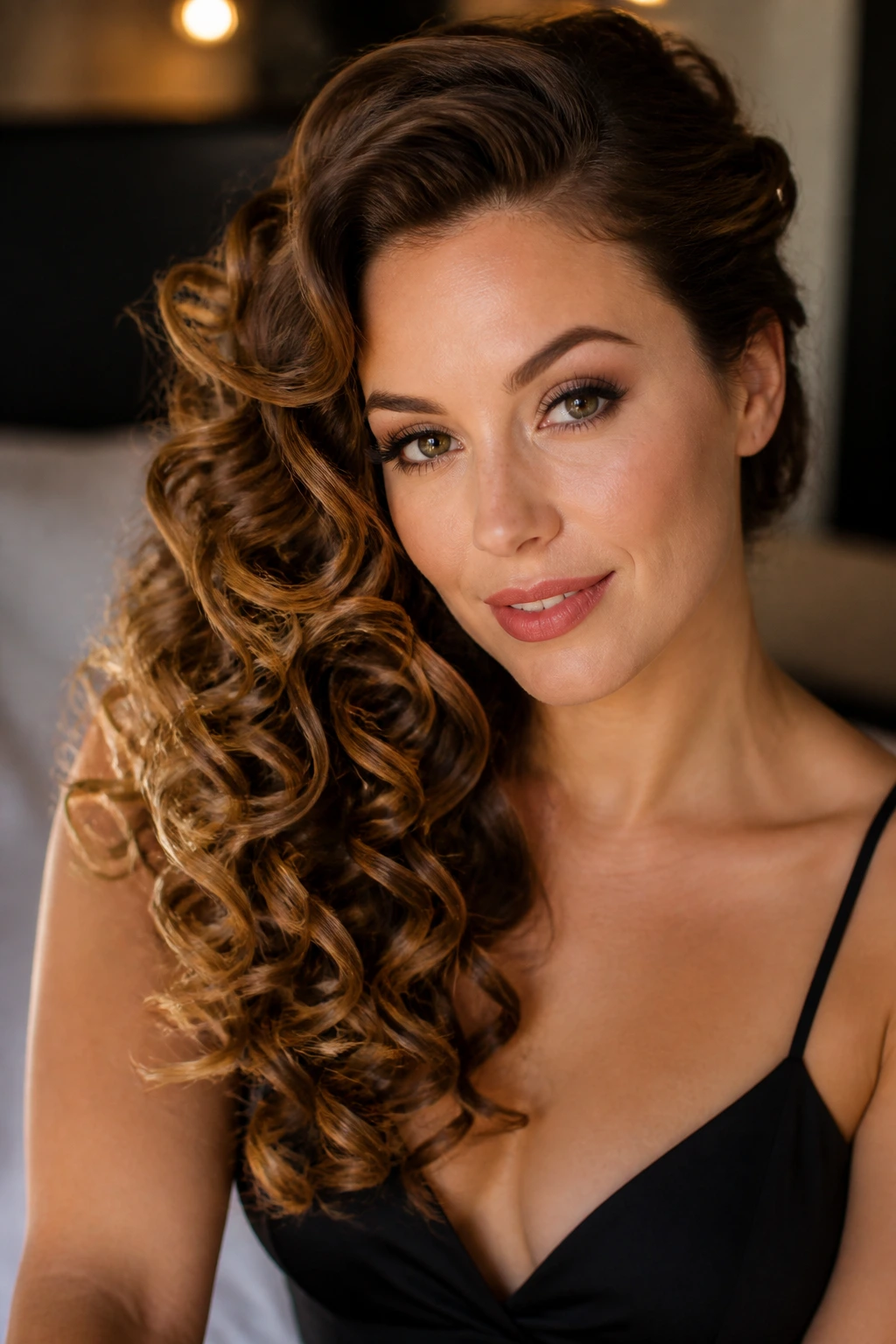 Woman with high-volume side-swept ringlets and pinned side hairstyle