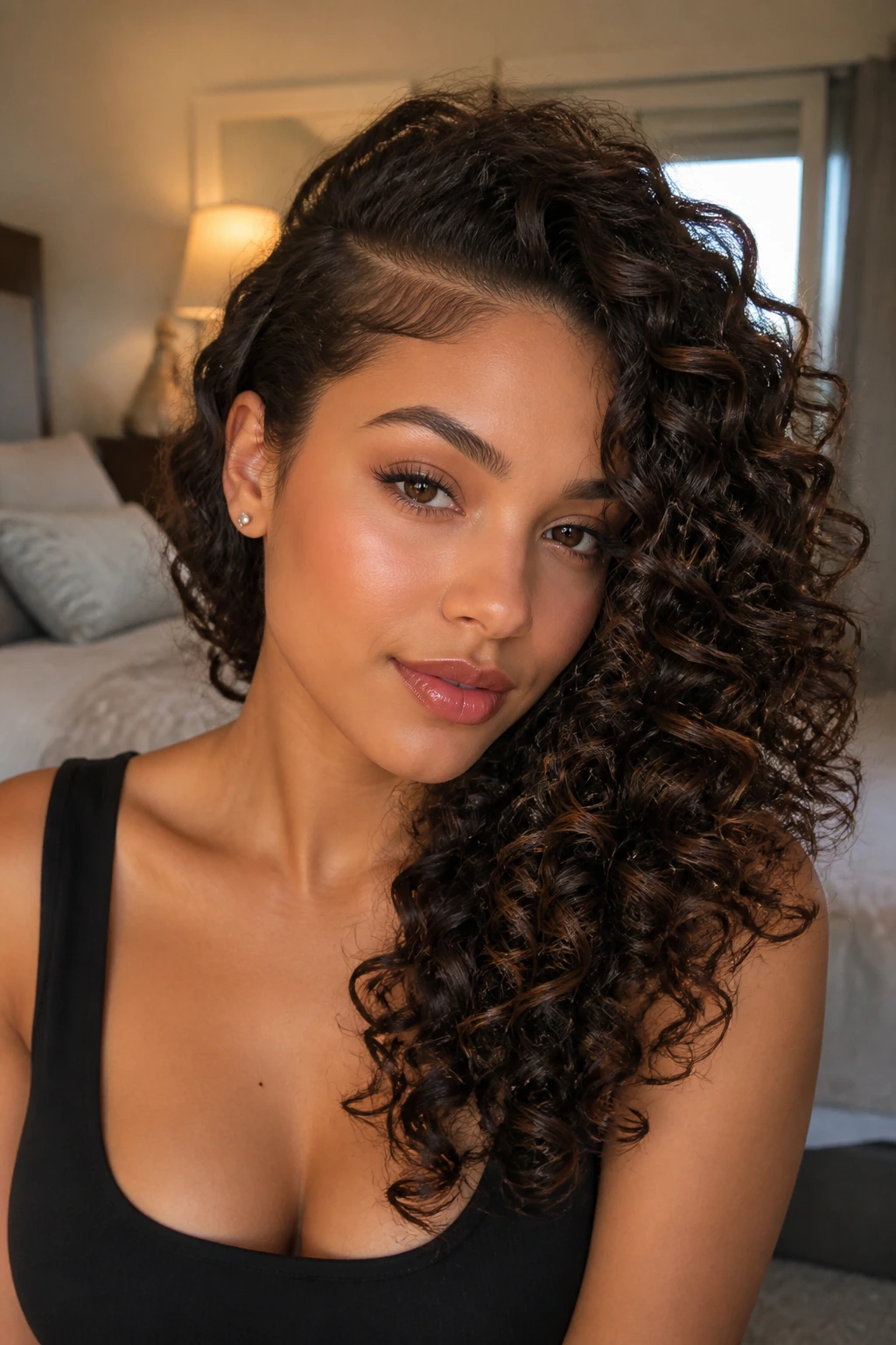 Close-up of a real woman with side-swept defined curls and deep part