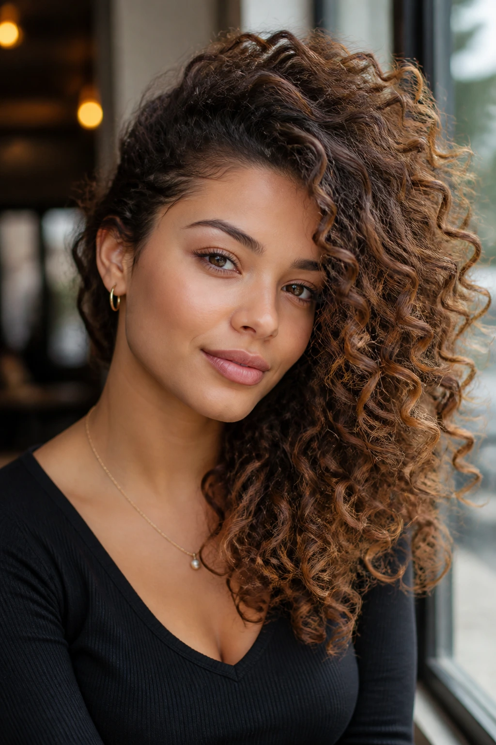Real woman with curls swept to one side for dramatic volume