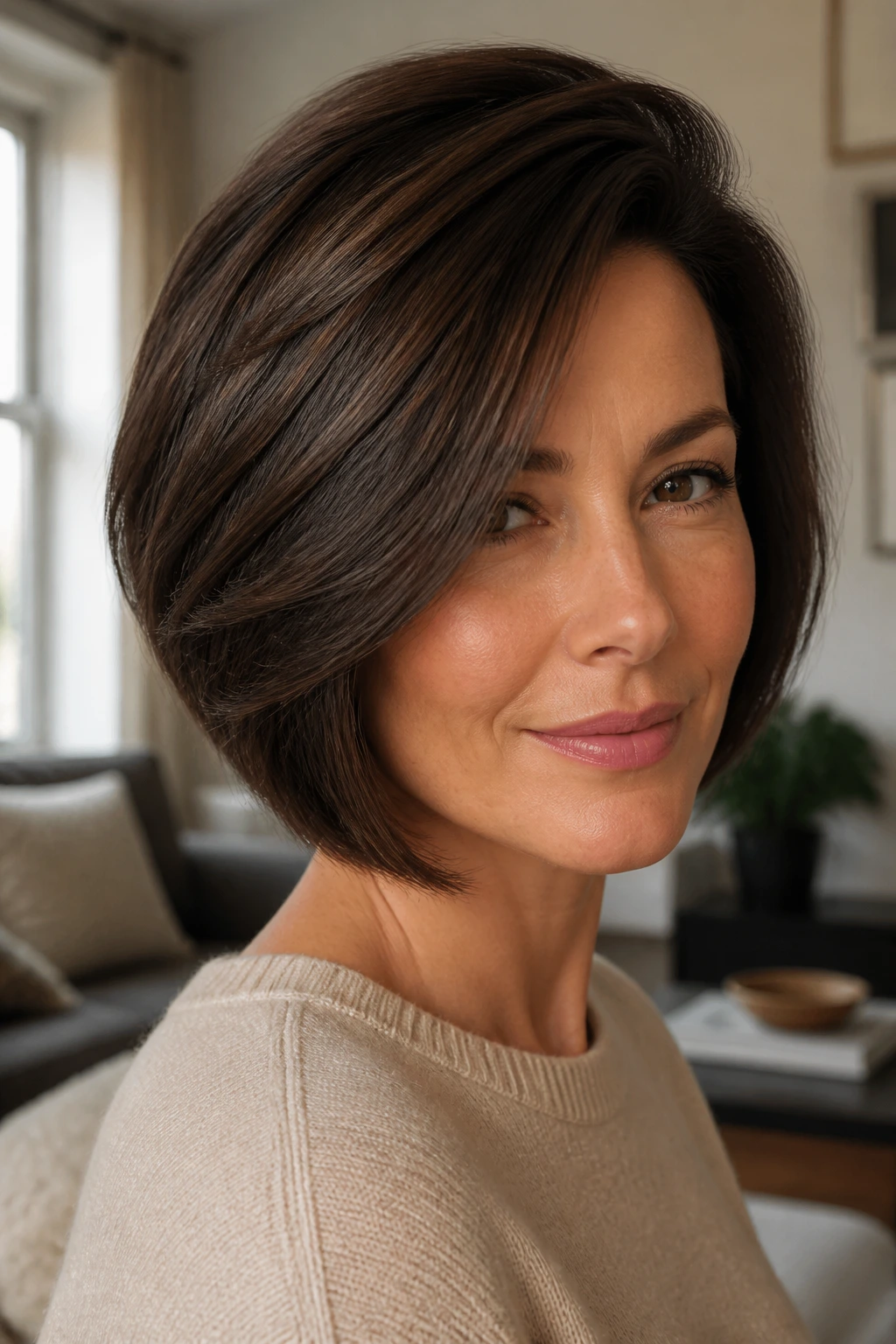 Close-up of real woman with side-swept dark cocoa bob and lift