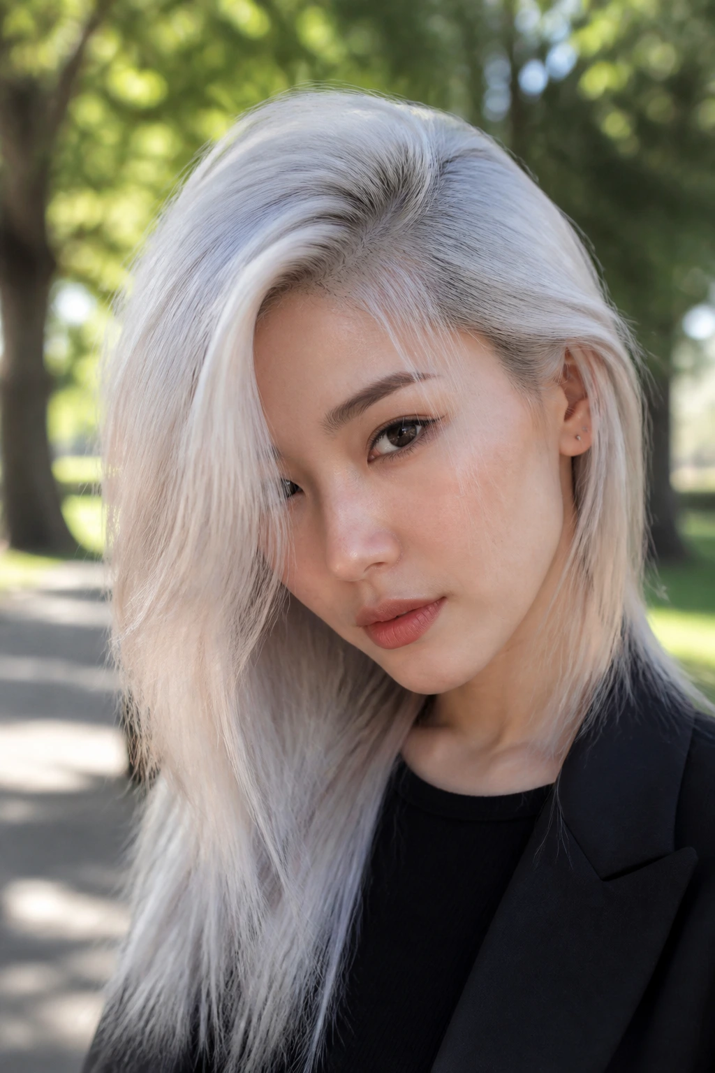 Close-up of a real woman with deep side-part and side-swept white hair