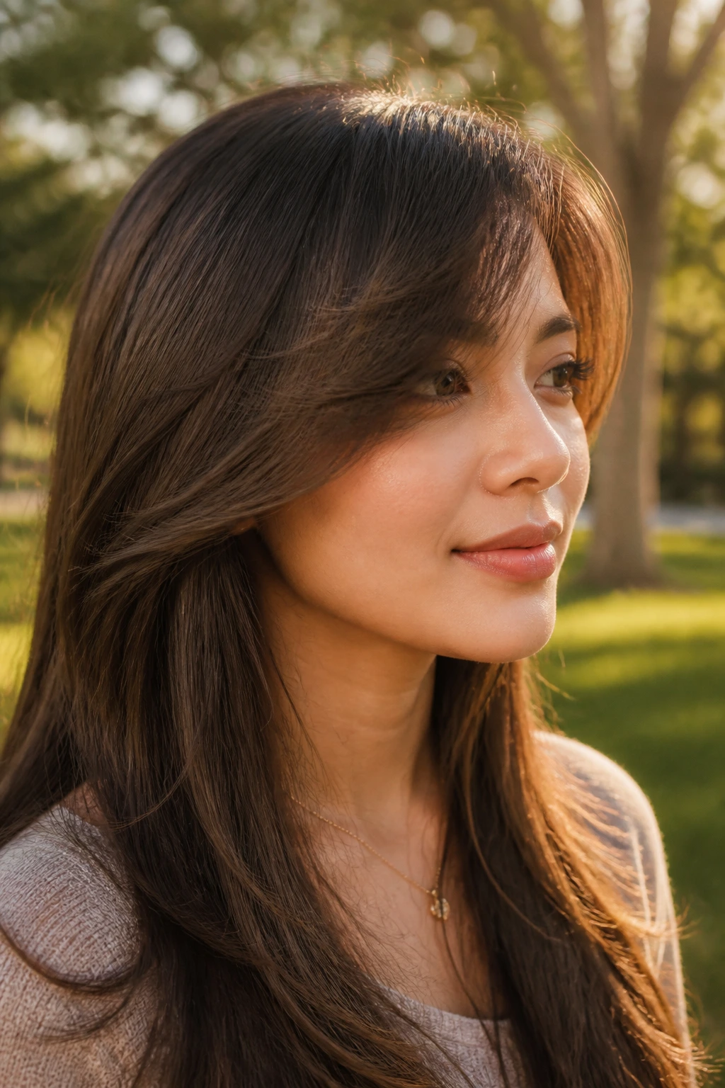 Close-up of a real person with side-swept drape bangs across the forehead outdoors
