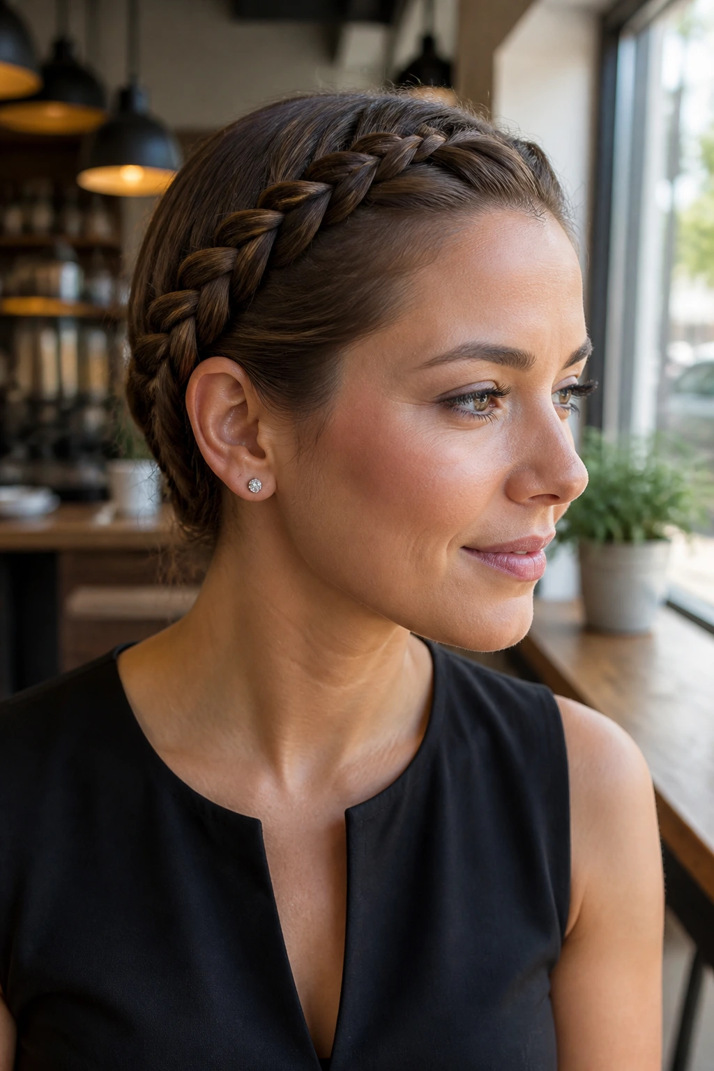 Close-up of a woman with a side-swept Dutch braid pinned behind the ear