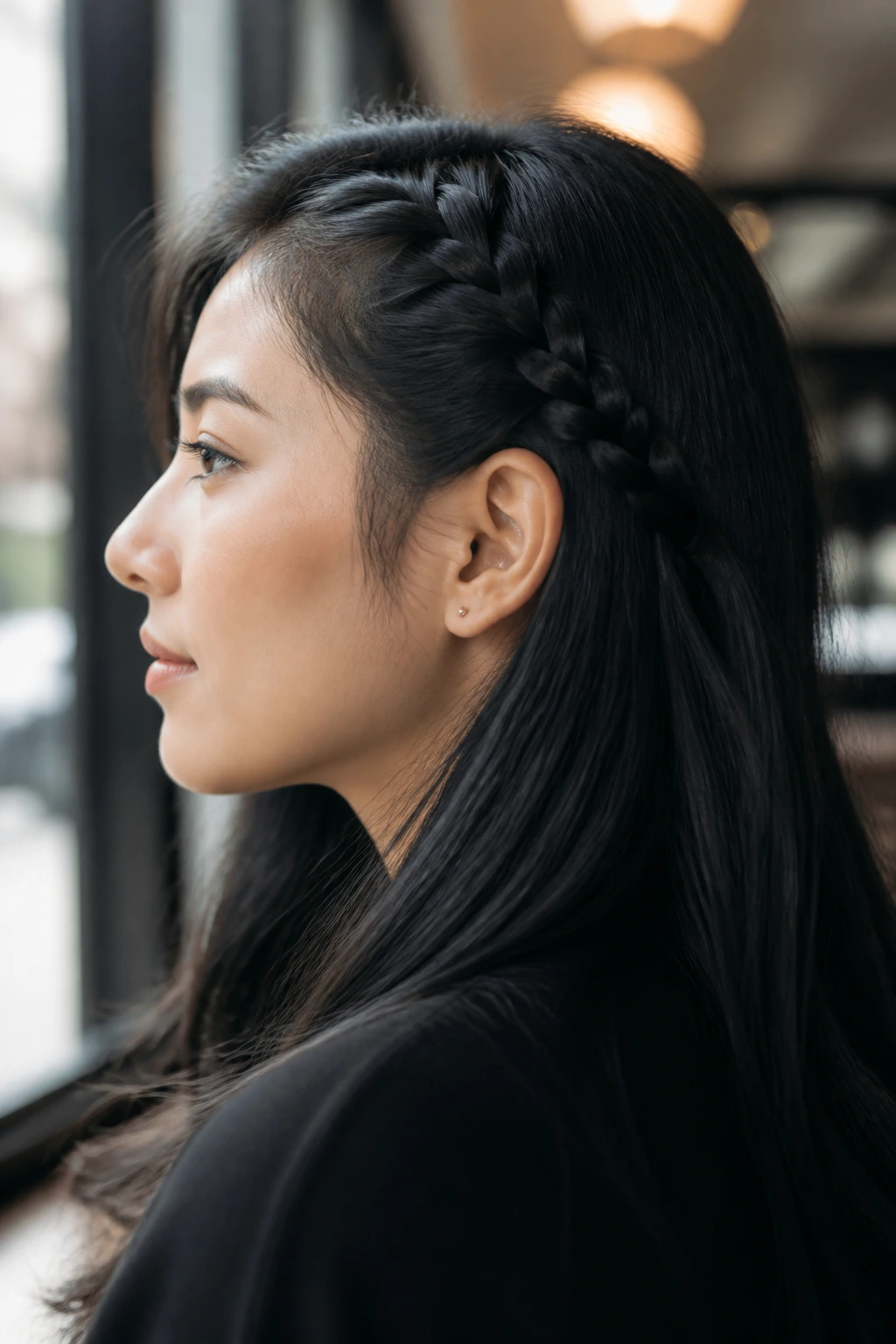 Profile of woman with side-swept Dutch braid accent