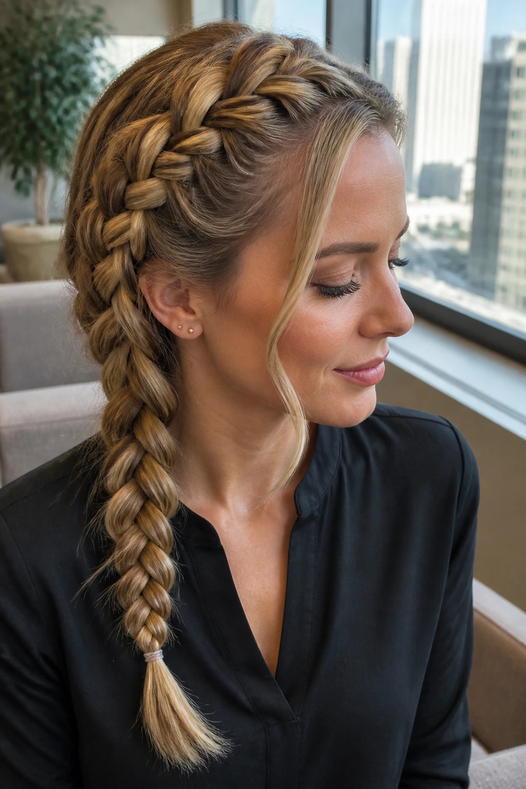 Close-up of a real woman with a side-swept Dutch braid in an office window seat.
