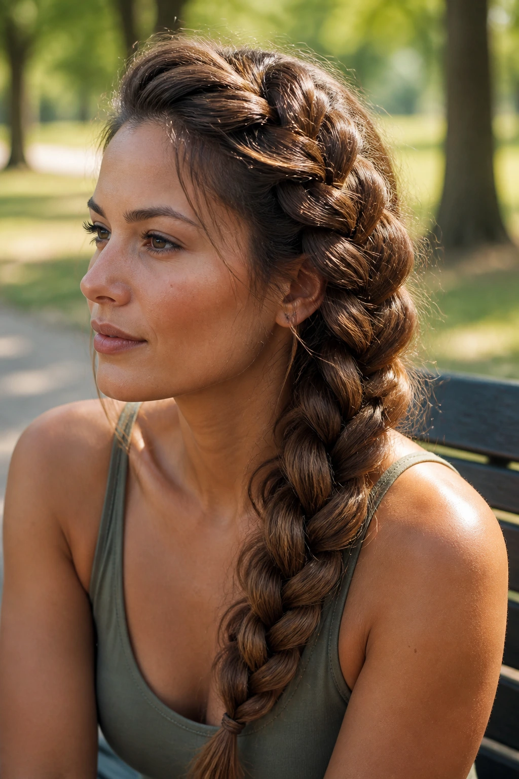 Close-up of a real woman with a side-swept Dutch braid