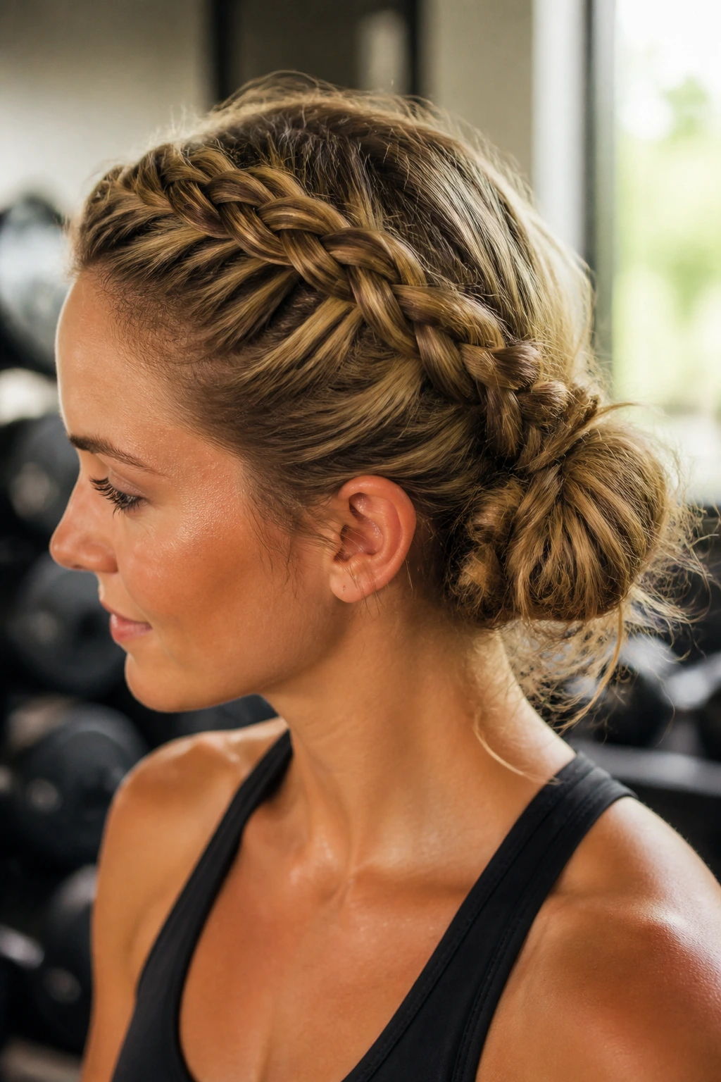 Close-up of a real woman with a side-swept Dutch braid and messy bun during a workout
