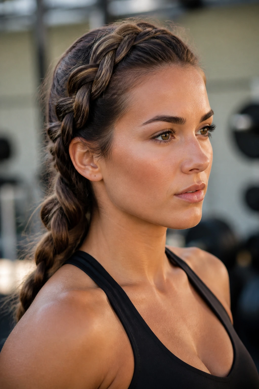 Side-swept Dutch braid on a real person during workout.