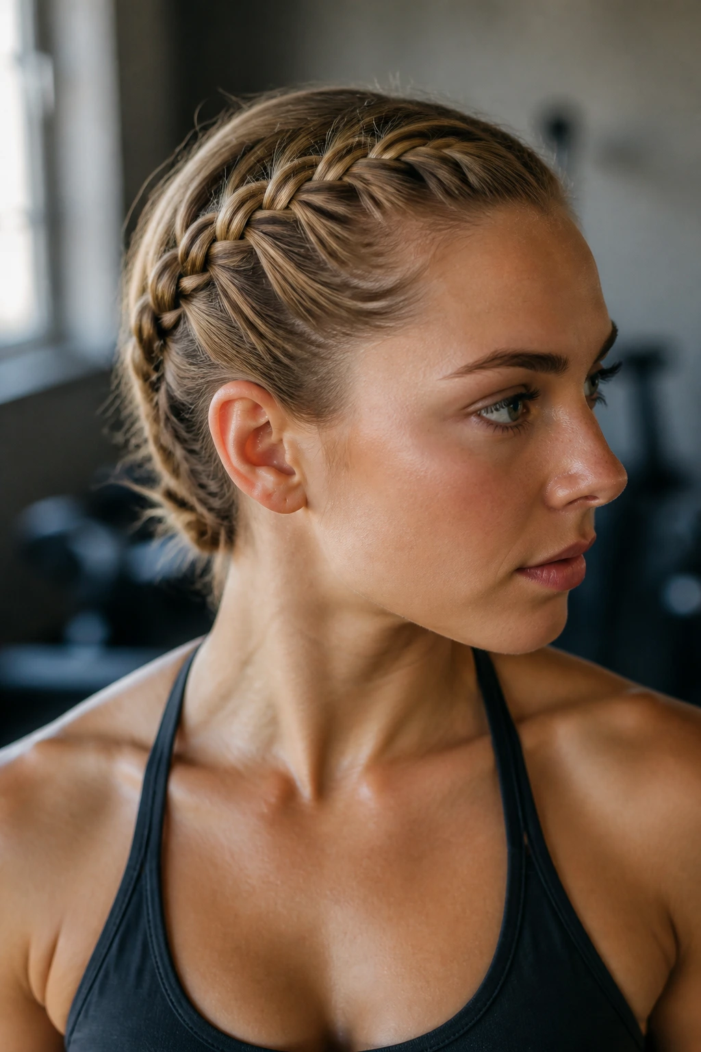 Close-up of a real woman with a side-swept Dutch braid along the temple