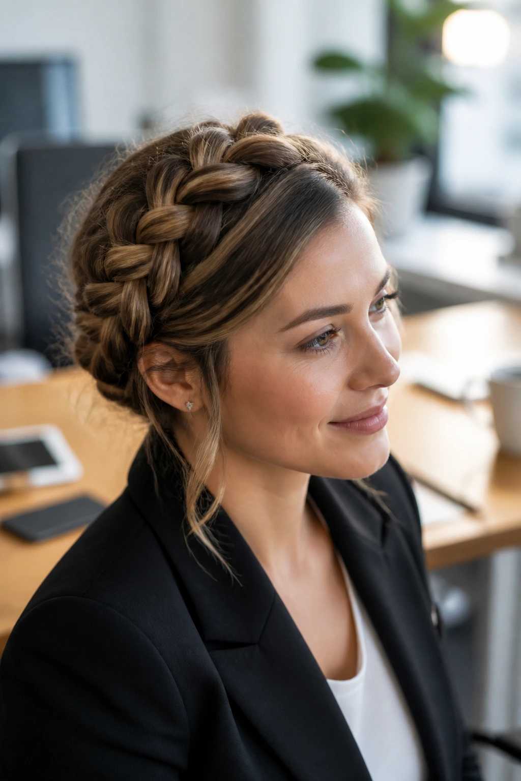 Close-up of a real woman with a side-swept Dutch braid in an office setting