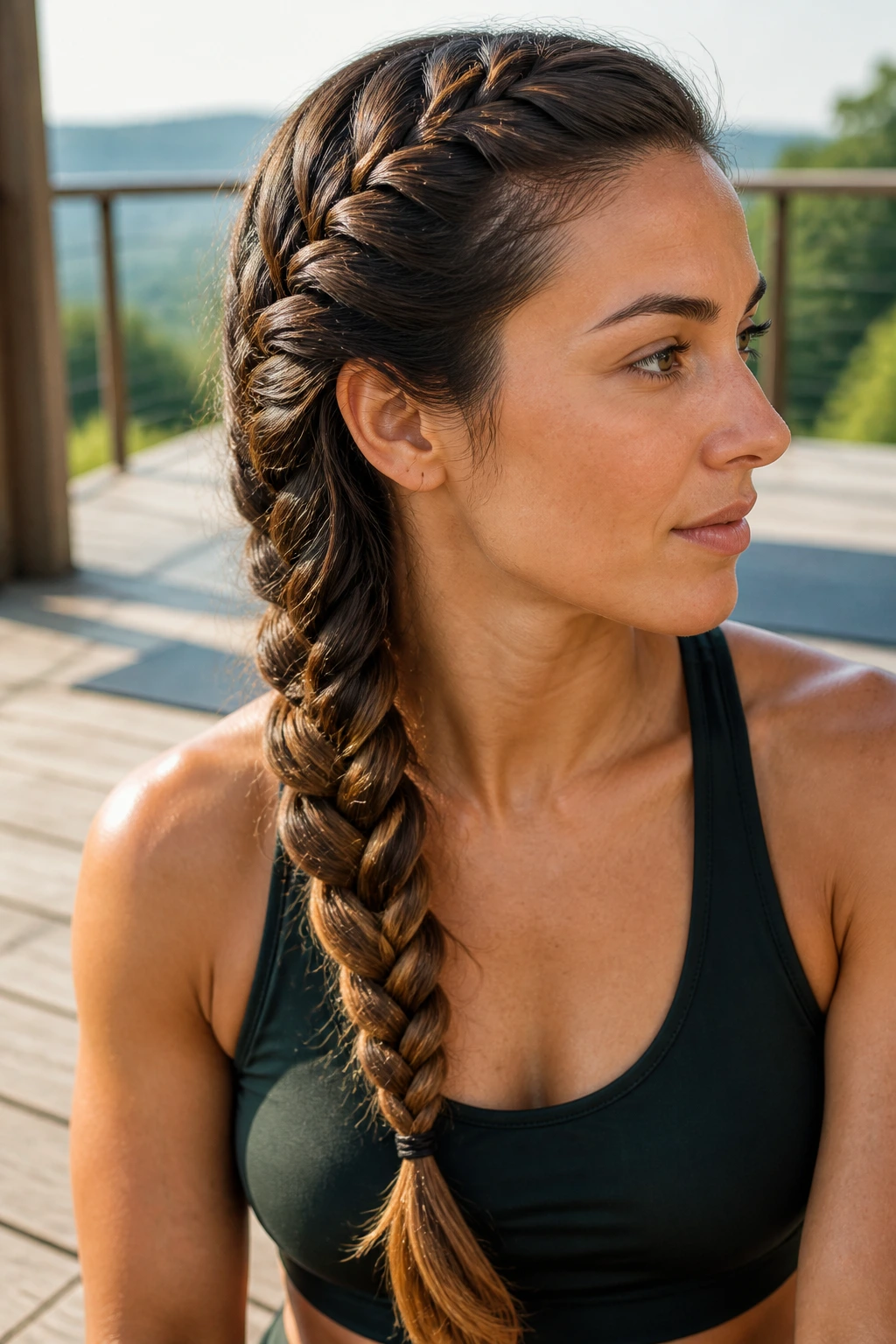 Close-up of a real woman wearing a side-swept Dutch fishtail braid over the shoulder