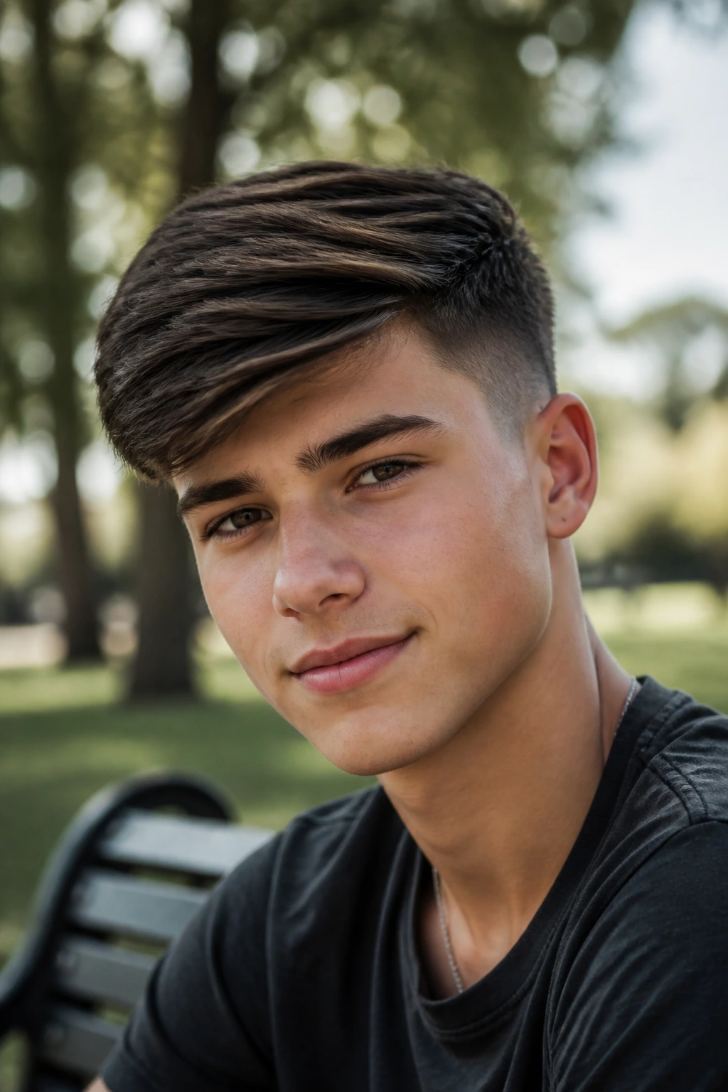 Close-up of a teen's side-swept fade hairstyle in an outdoor park setting