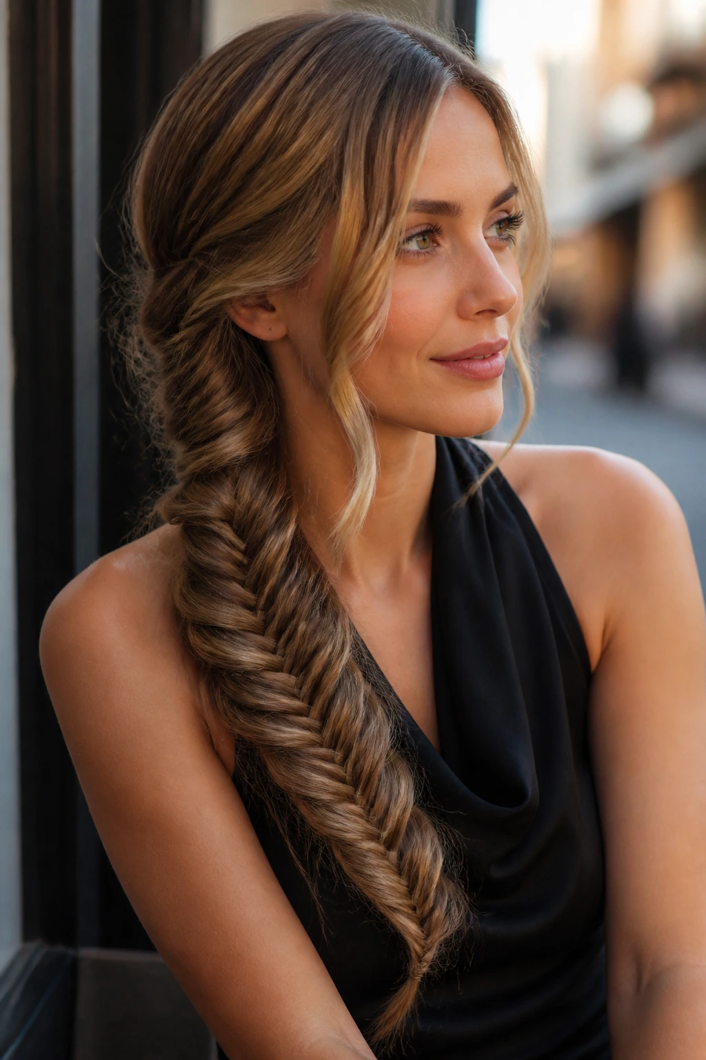 Real woman with side-swept fishtail braid over shoulder