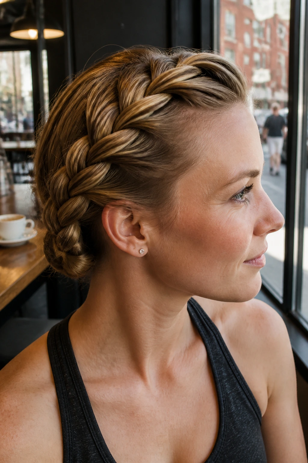 Side-profile of a real woman with a side-swept French braid at a cafe window
