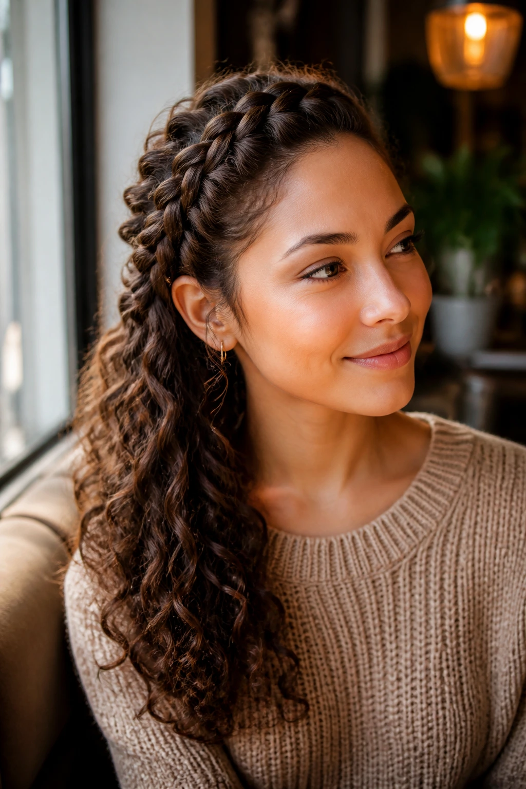 Portrait of a real woman with a side-swept French braid and loose curls
