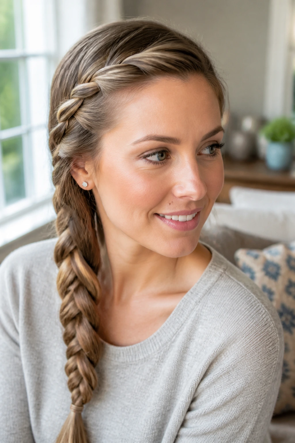 Real woman with a side-swept French braid in a cozy indoor setting.