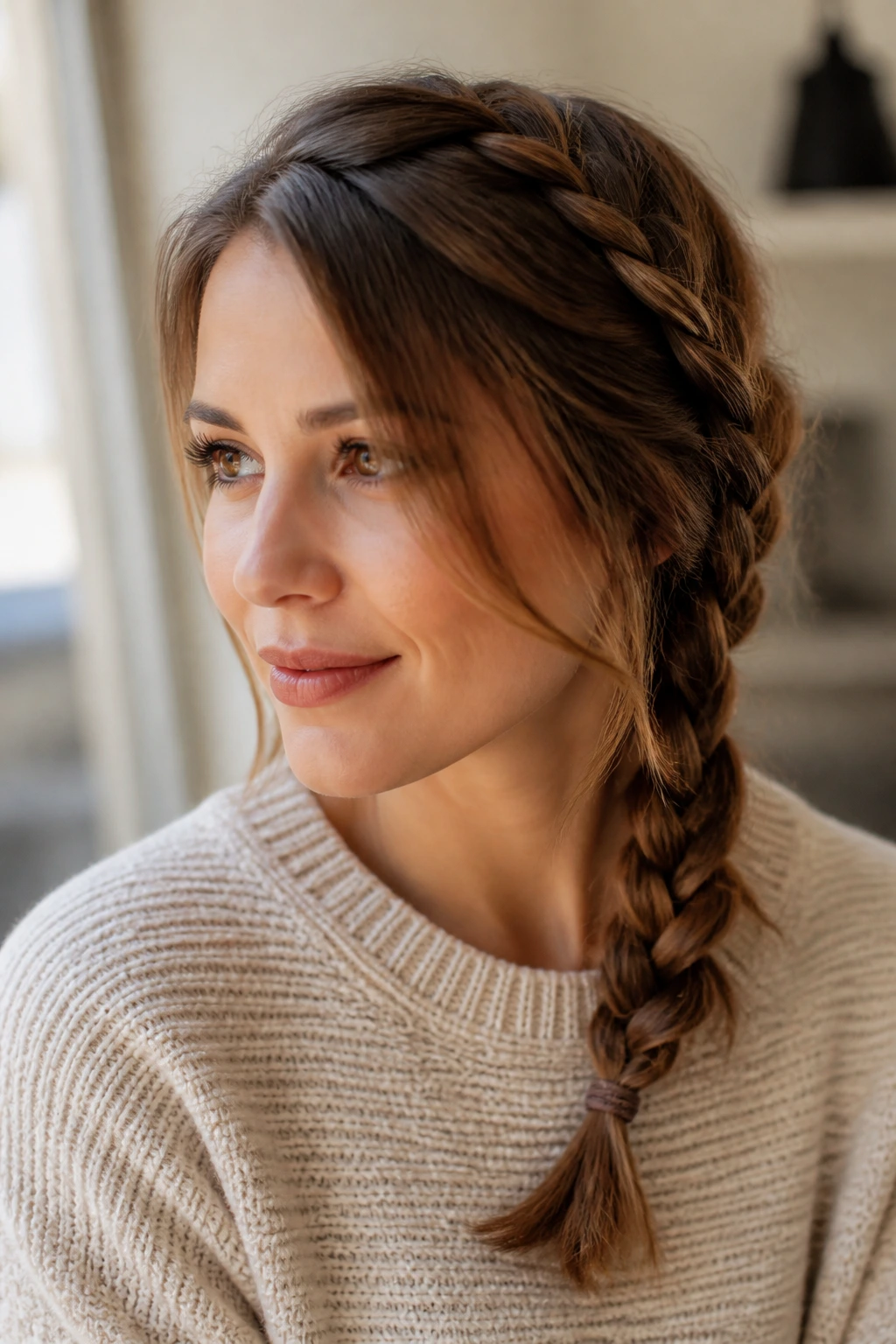 Real person with side-swept French braid over the shoulder