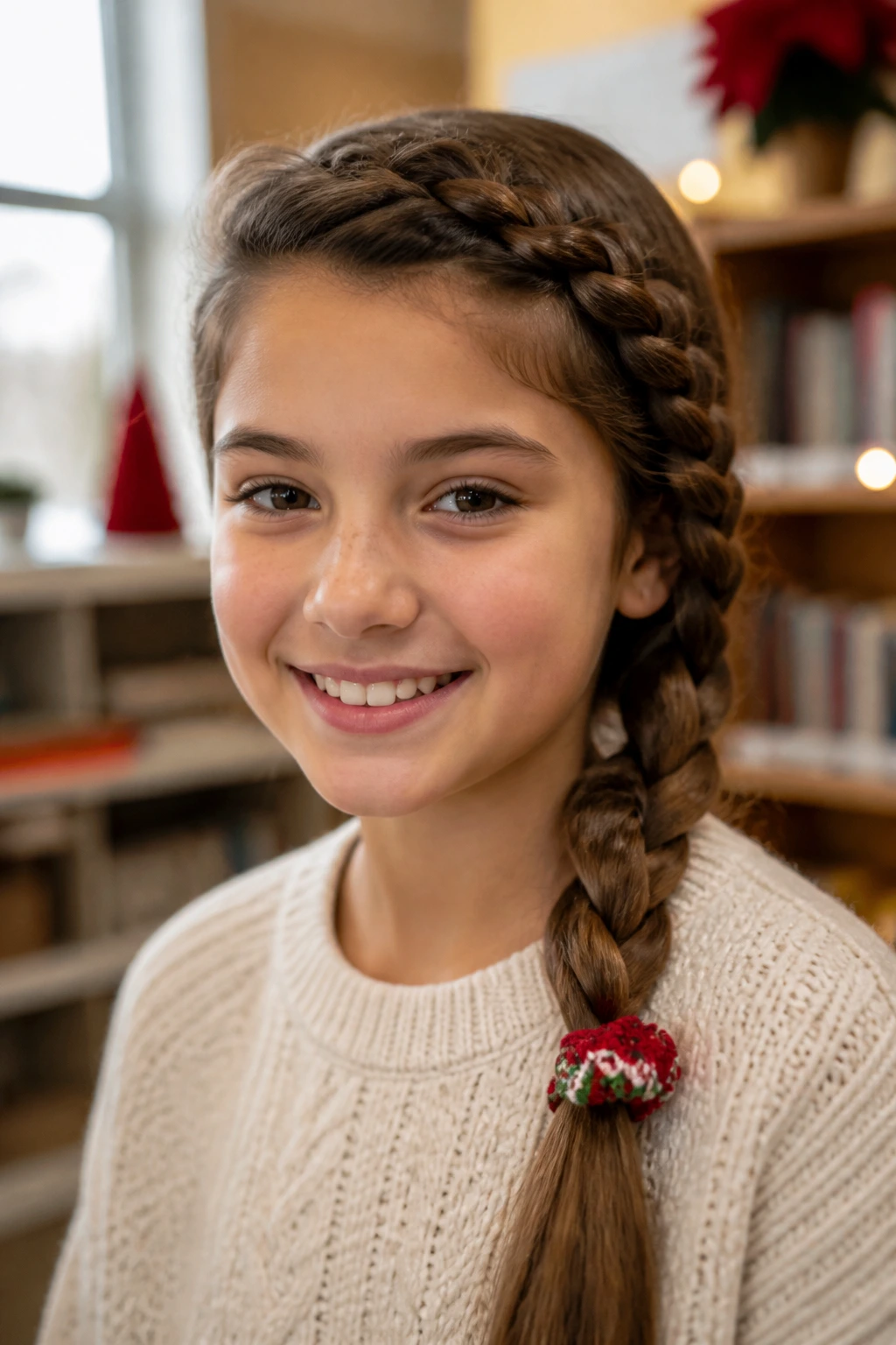 Close-up of side-swept French braid with scrunchie on a real student