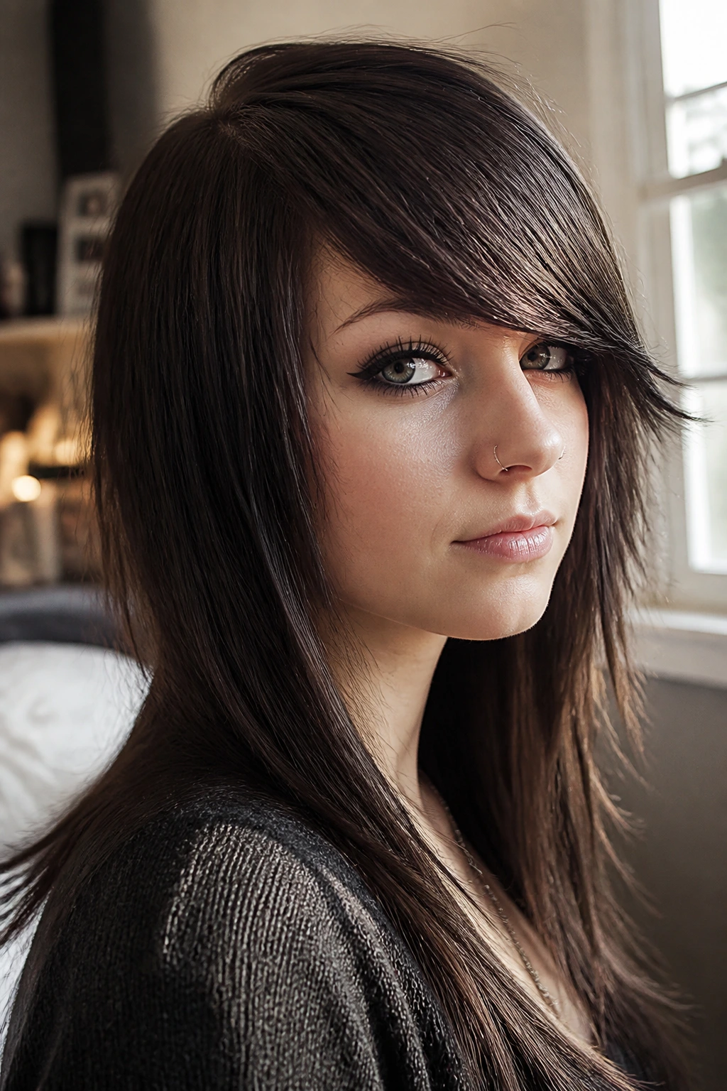Real woman with deep side-parted heavy fringe swept to the side.