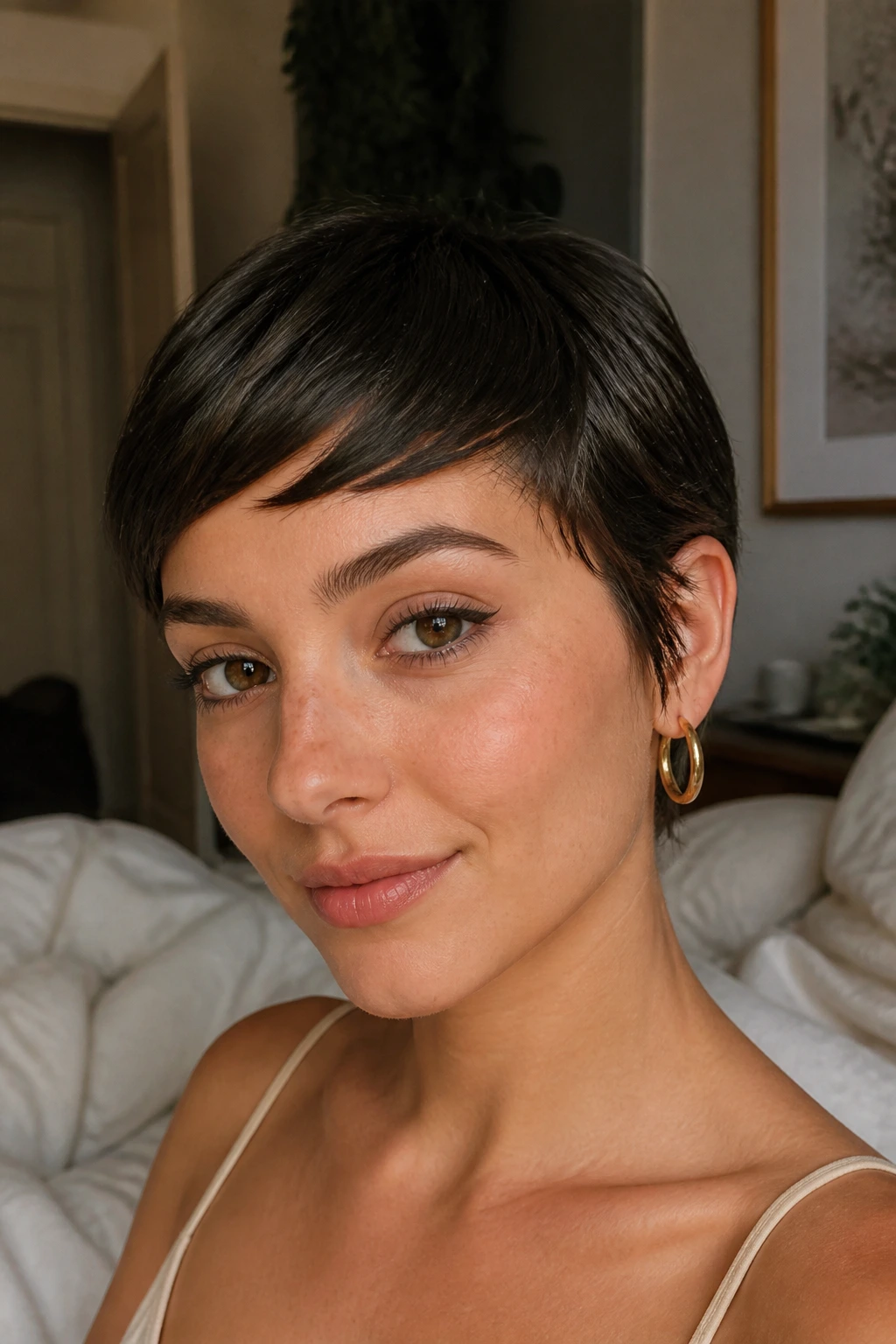 Close-up portrait of a real person with side-swept baby fringe in a sunlit bedroom
