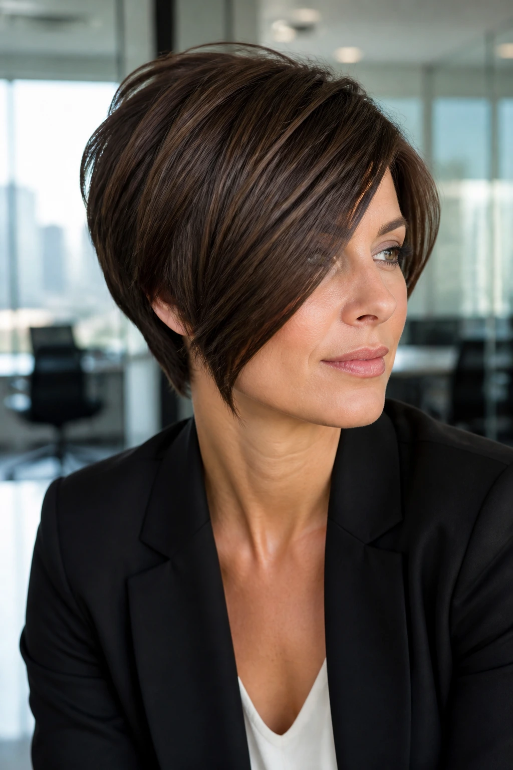 Real woman with side-swept long-fringed stack hairstyle in a corporate setting