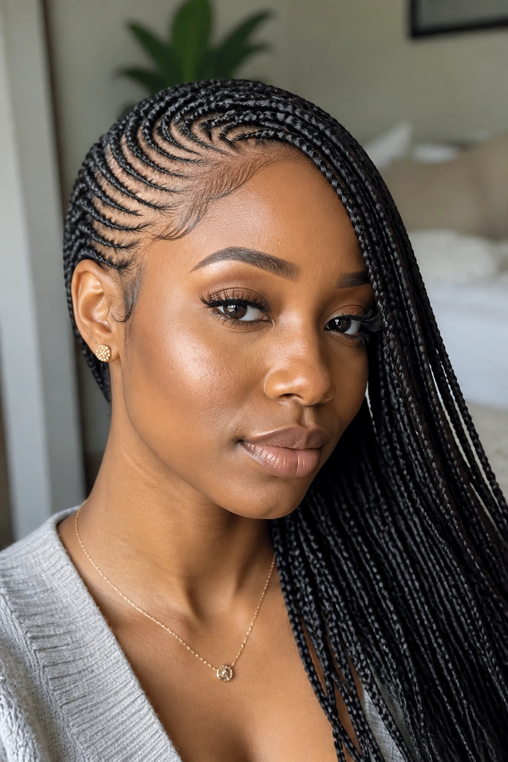 Woman with sleek side-swept Fulani braids close-up