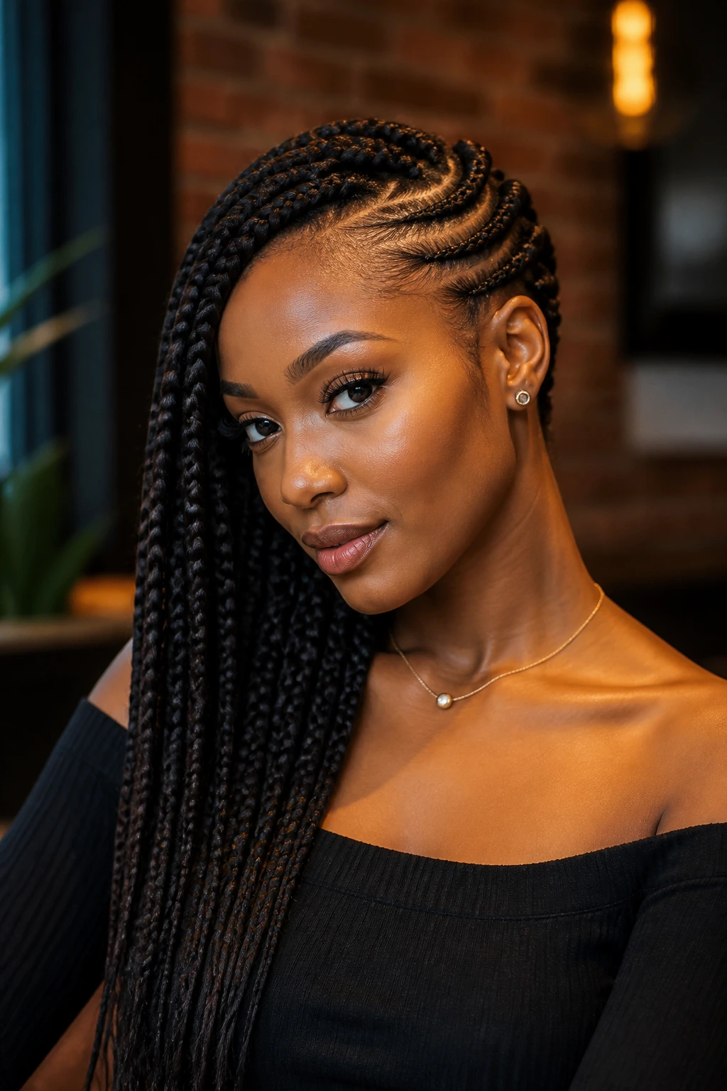 Close-up of a woman with side-swept Ghana braids in a chic cafe setting