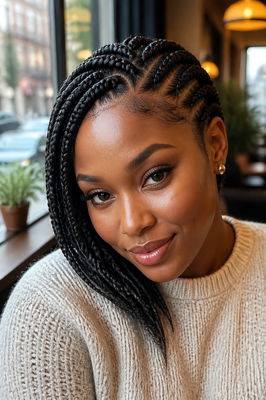 Close-up of a real woman with side-swept Ghana braids at a cafe window