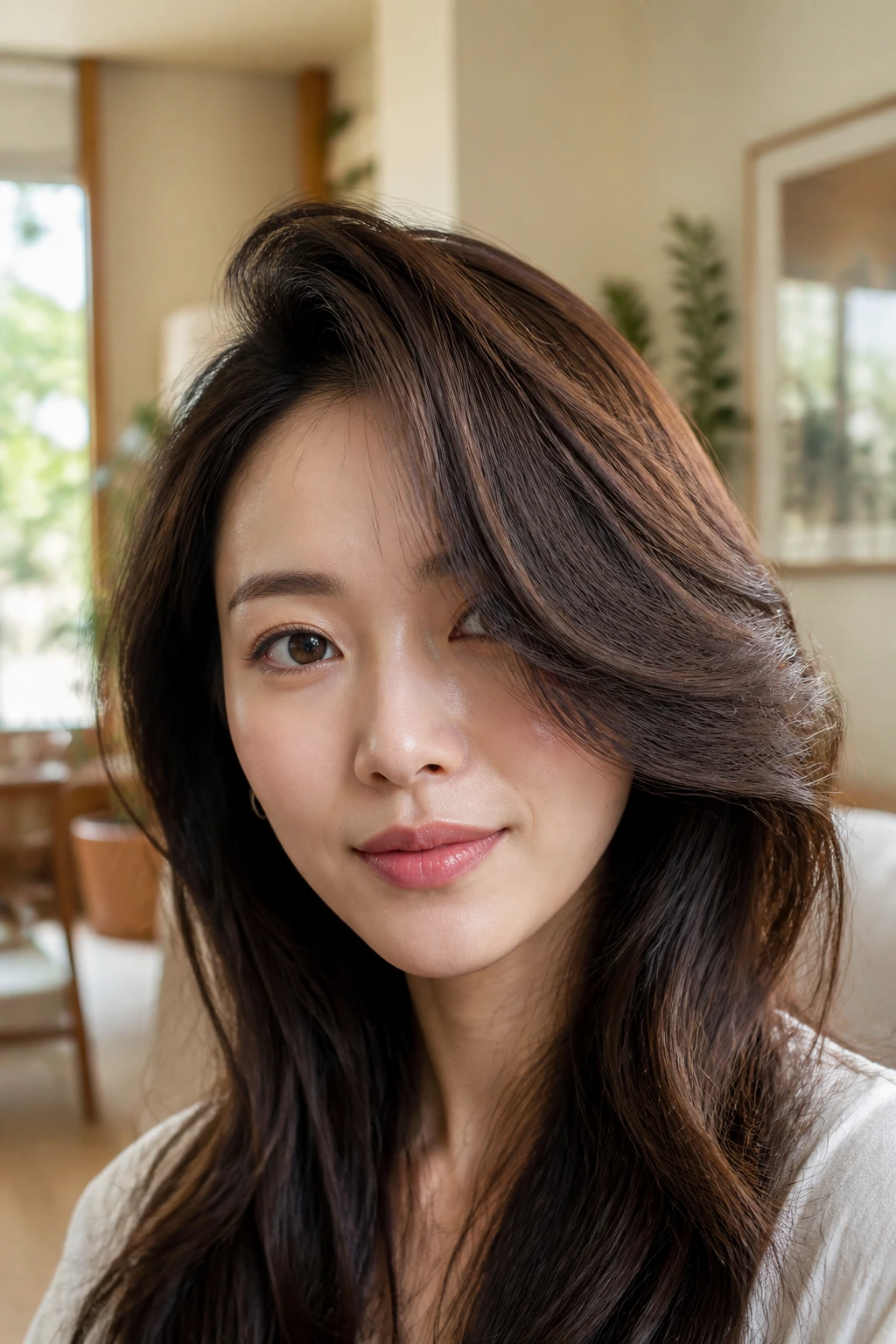 Close-up of side-swept goddess bangs with root lift on a real person