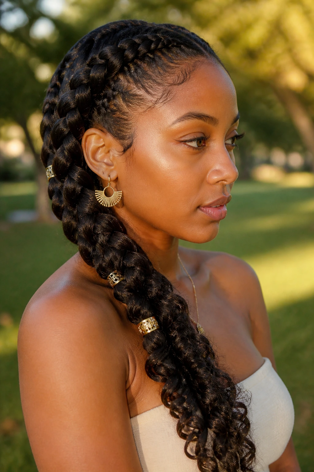 Close-up of a real woman with side-swept goddess braids over one shoulder