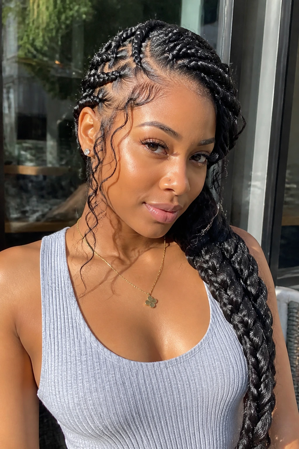 Portrait of a woman with Side-Swept Goddess Braids and face-framing tendrils