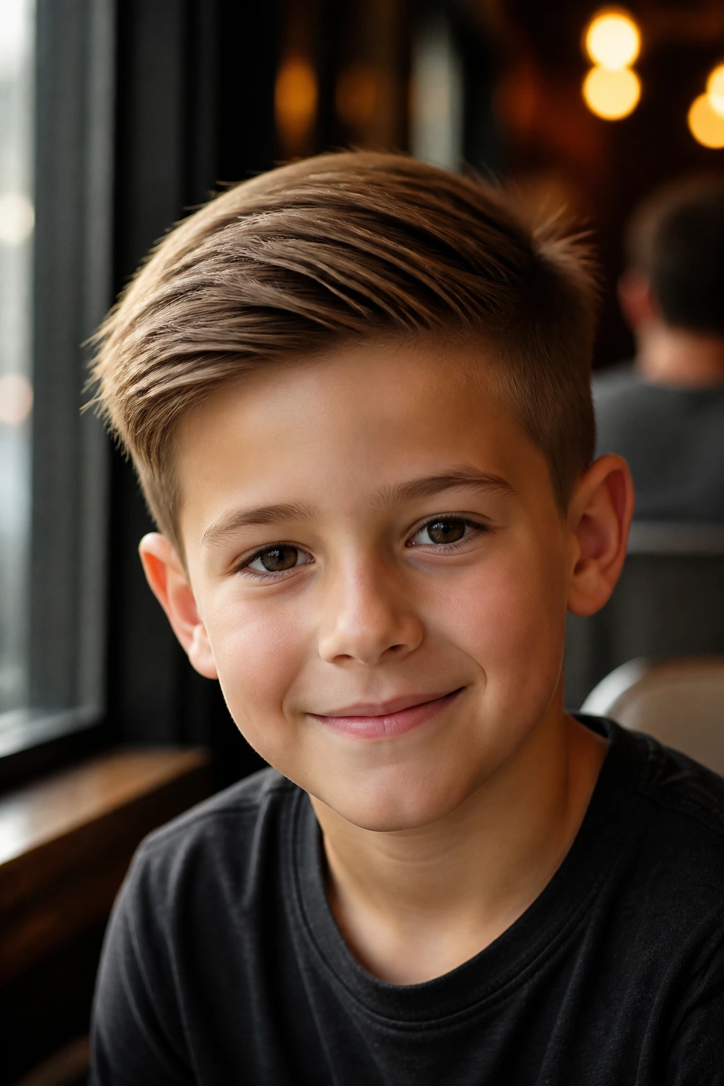 Child with side-swept haircut looking neat and composed.