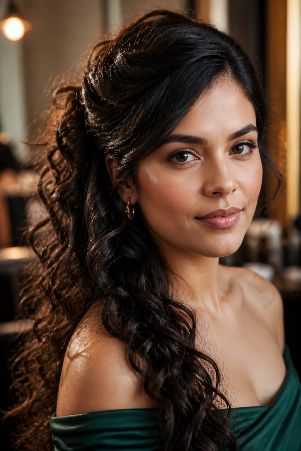 Close-up of real woman wearing side-swept half-up hairstyle.