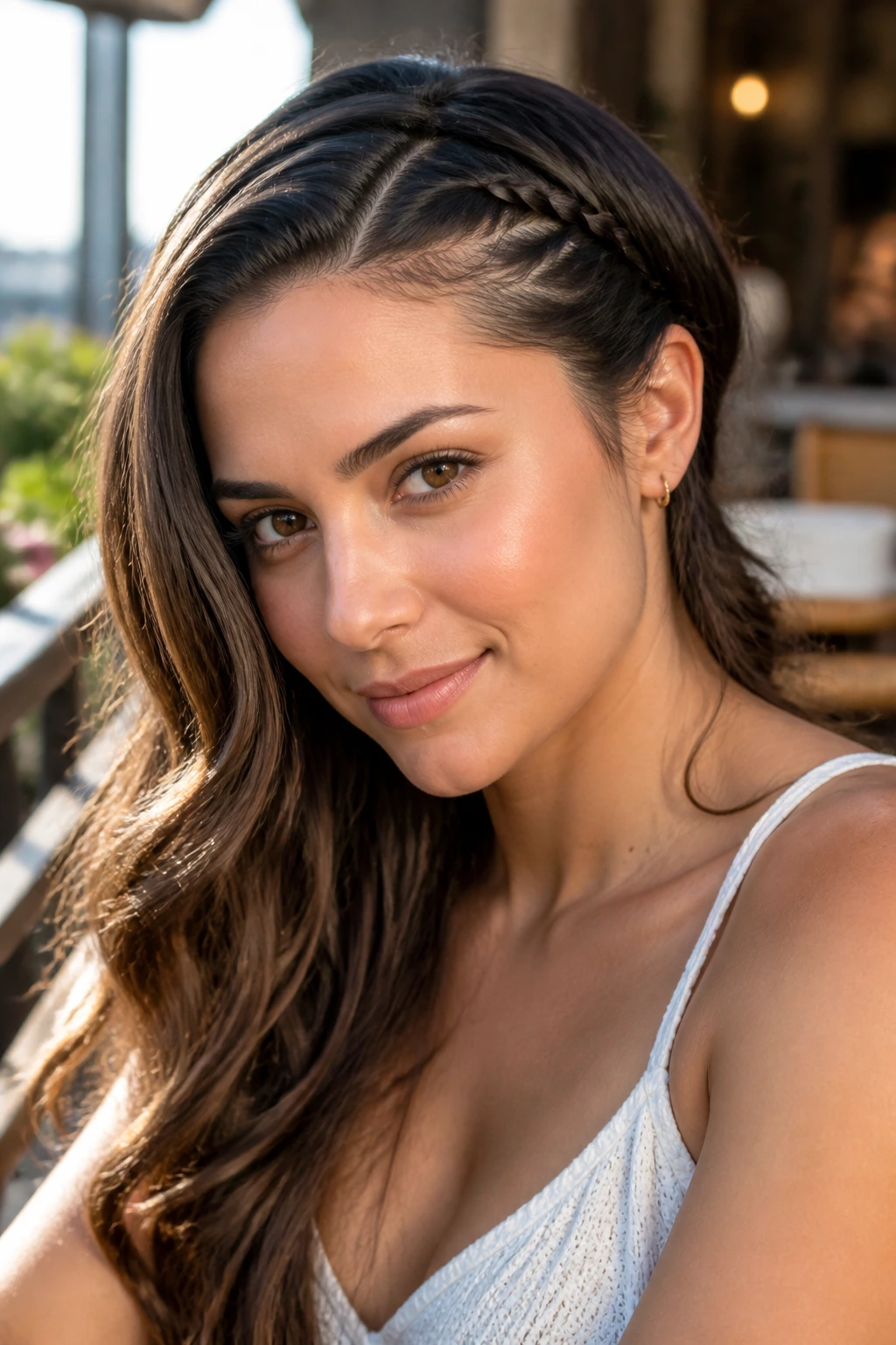 Close-up of a real woman with a side-swept invisible braid along the hairline.
