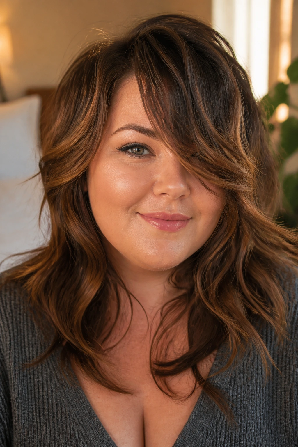 Close-up of a real woman with a side-swept layered shag in a sunlit bedroom.