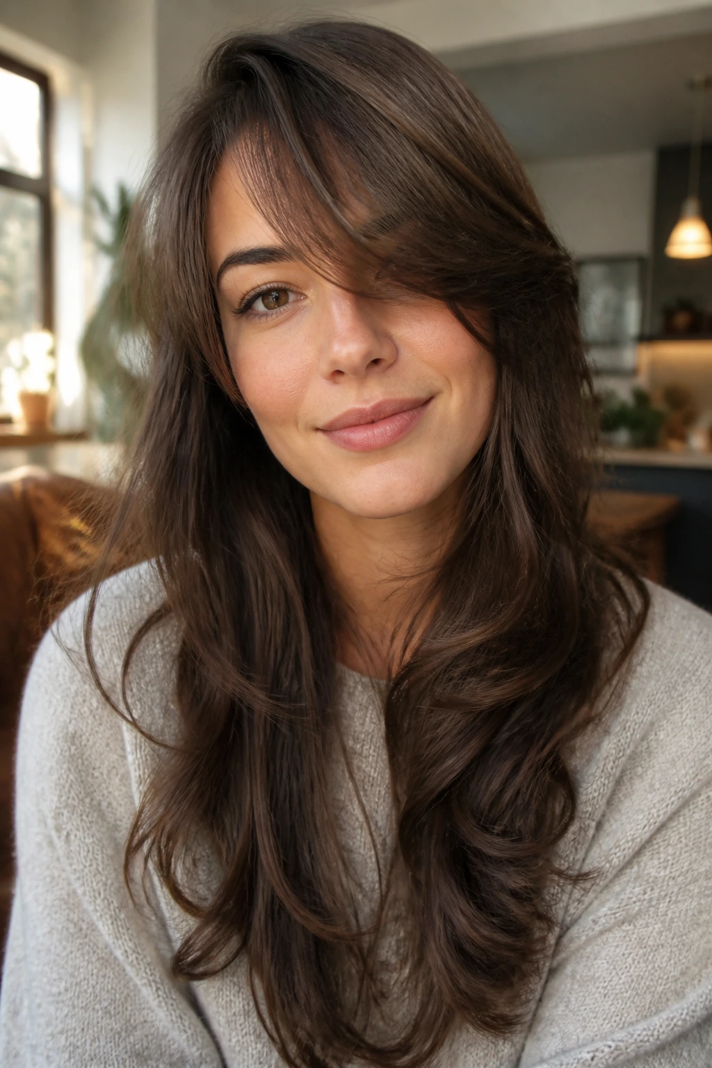 Portrait of a woman with side swept cascading layers