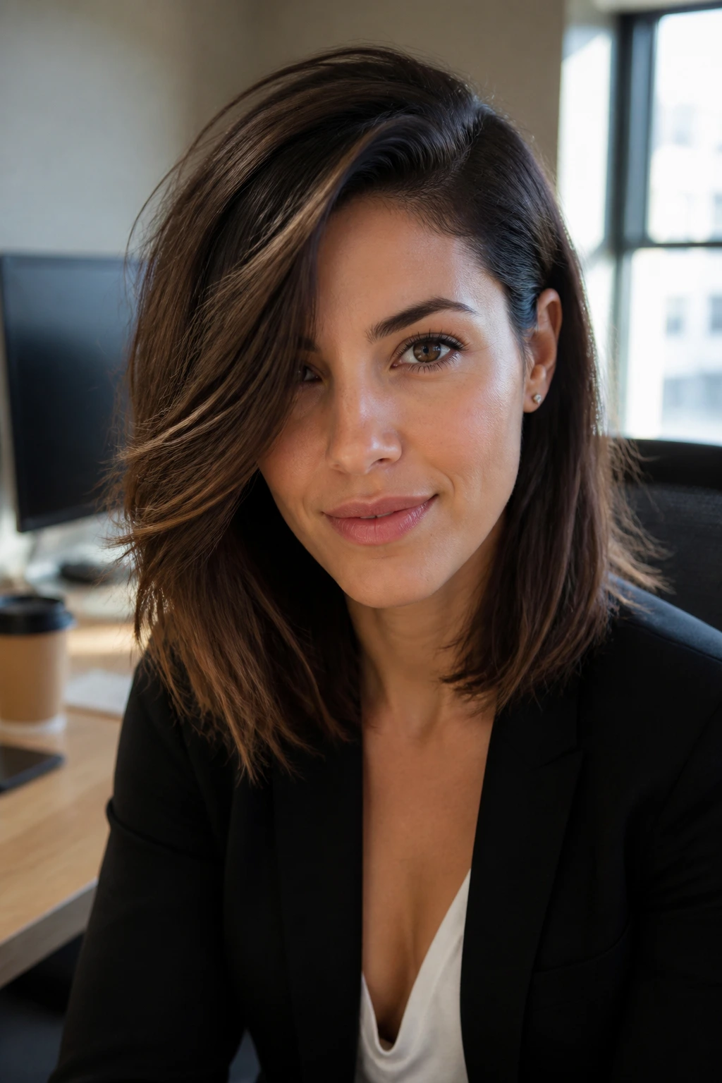 Portrait of a woman with a deep side-parted lob swept across the forehead in an office setting