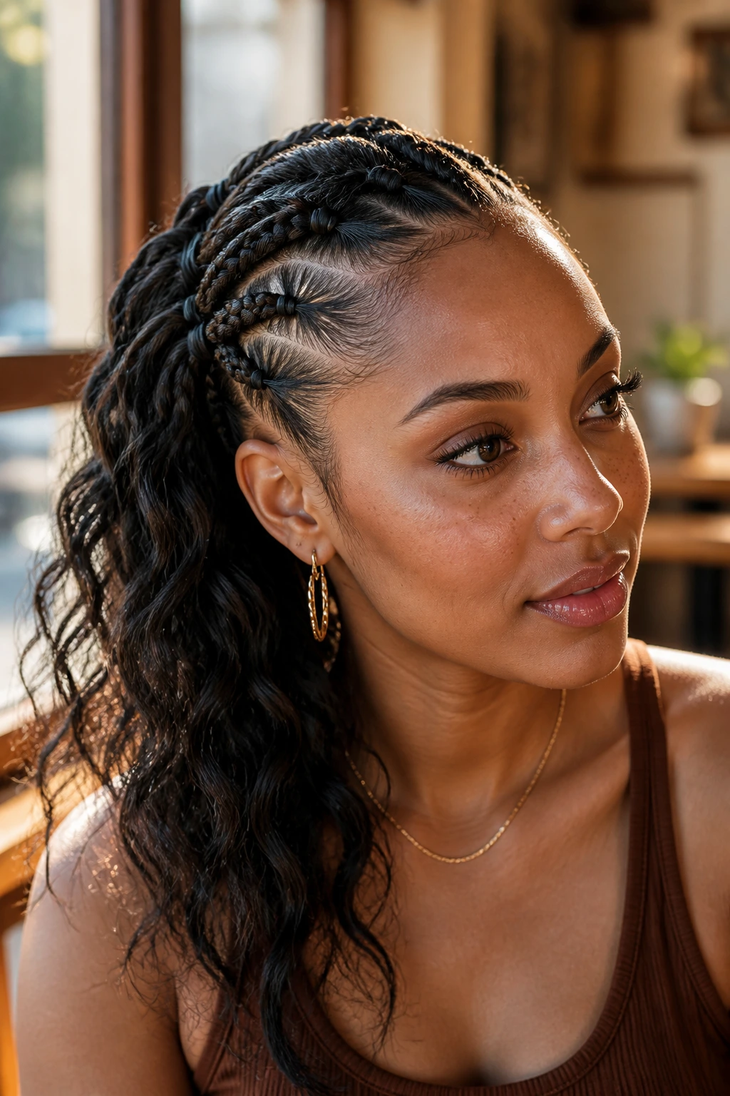 Close-up of a woman with side-swept micro pony rows forming an asymmetrical look.