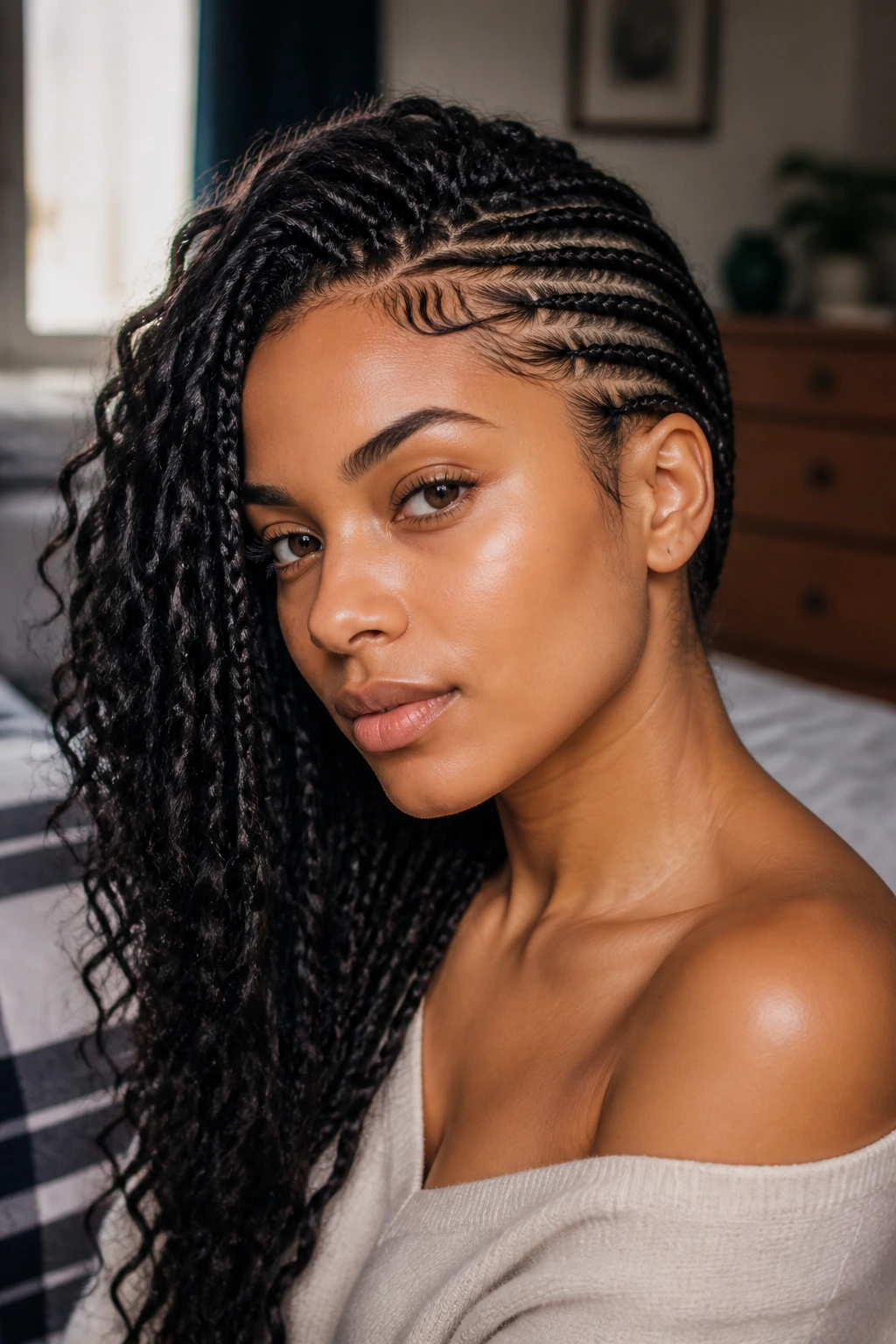 Close-up portrait of a real woman with side-swept pencil braids framing the jawline in natural window light