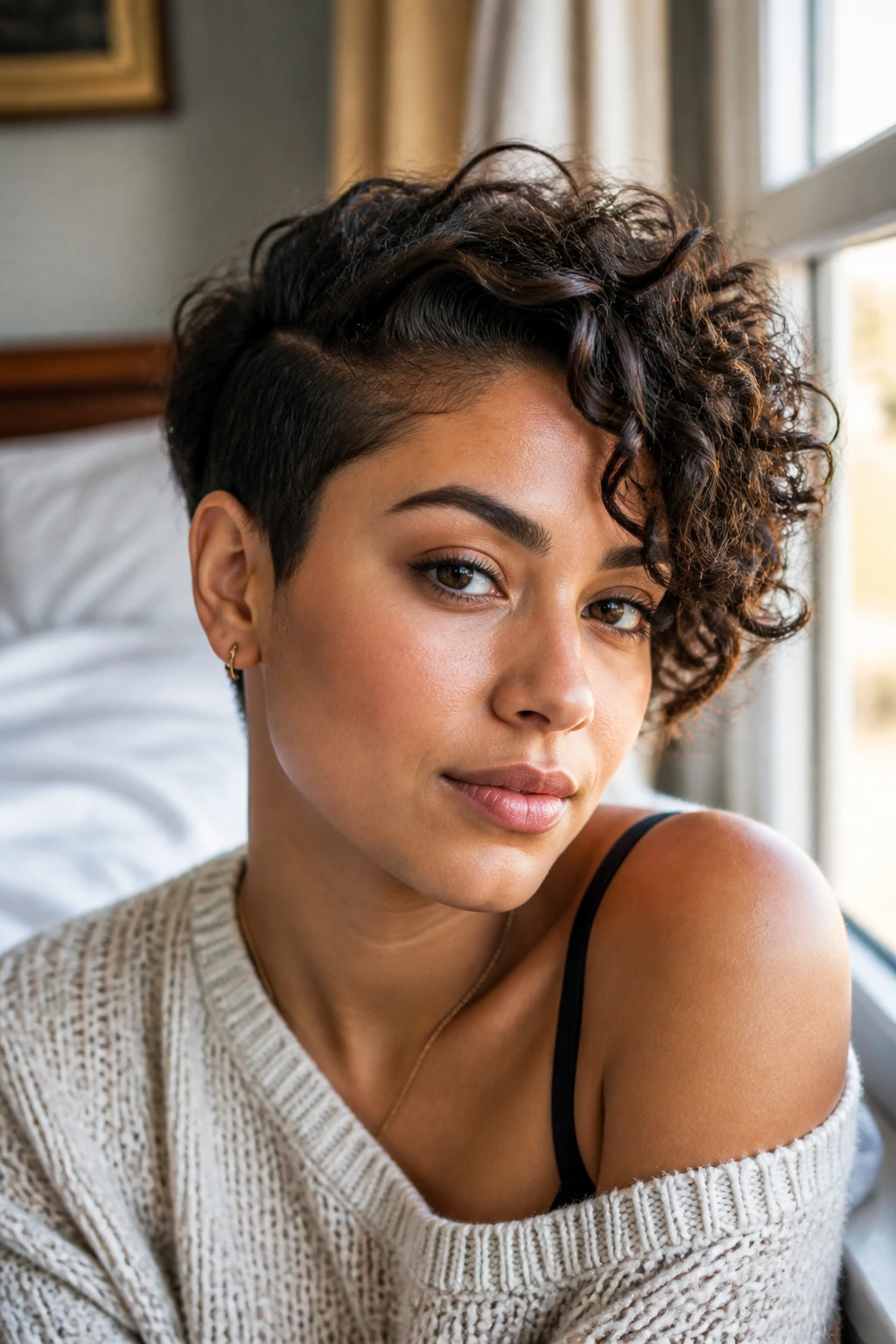 Close-up of a woman with a side-swept pixie hairstyle in morning light.