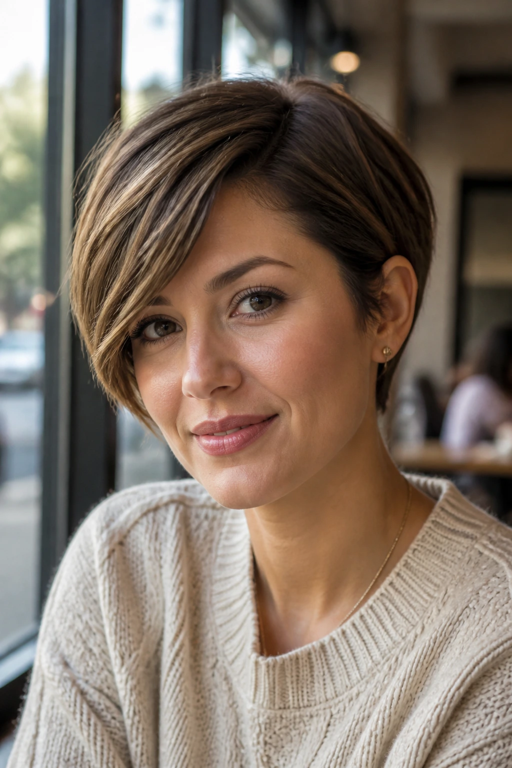 Real woman with side-swept pixie bob, diagonal fringe tucked behind the ears