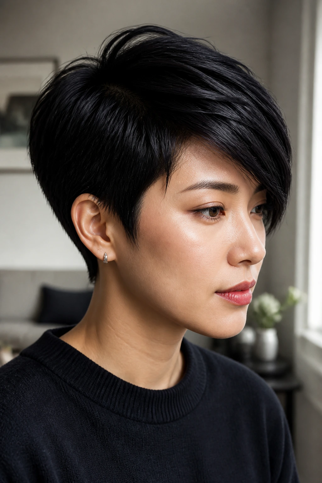 Close-up portrait of a real woman with a side-swept pixie in jet-black hair