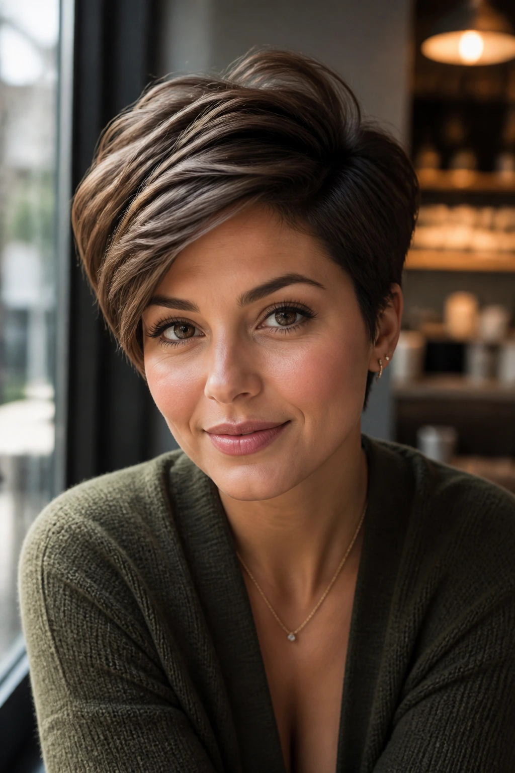 Close-up of a real woman with a voluminous side-swept pixie cut
