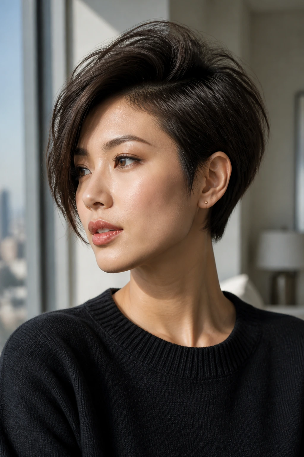 Portrait of a real person with side-swept volume pixie