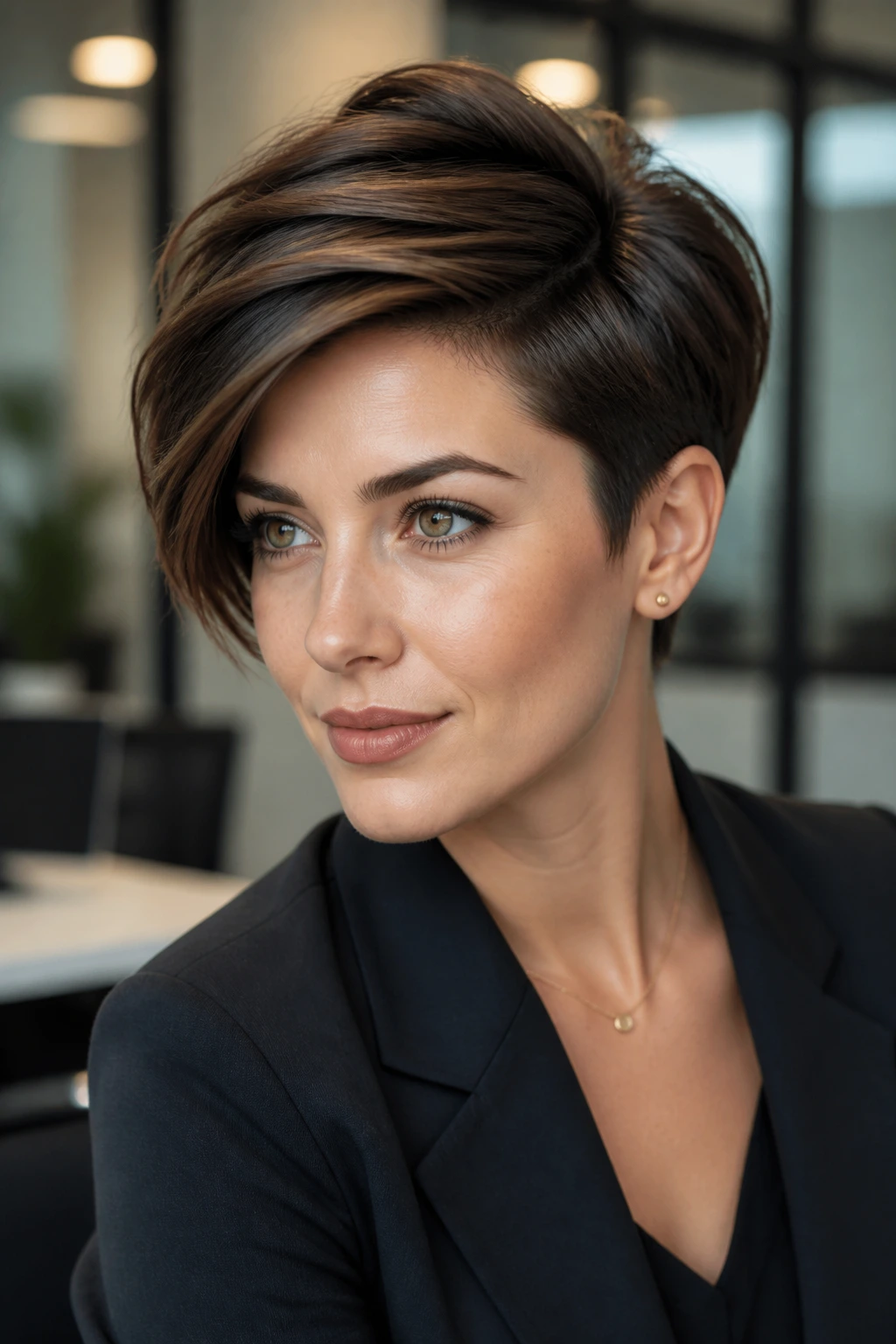 Close-up of a real person with a side-swept pixie cut and volume in an office backdrop