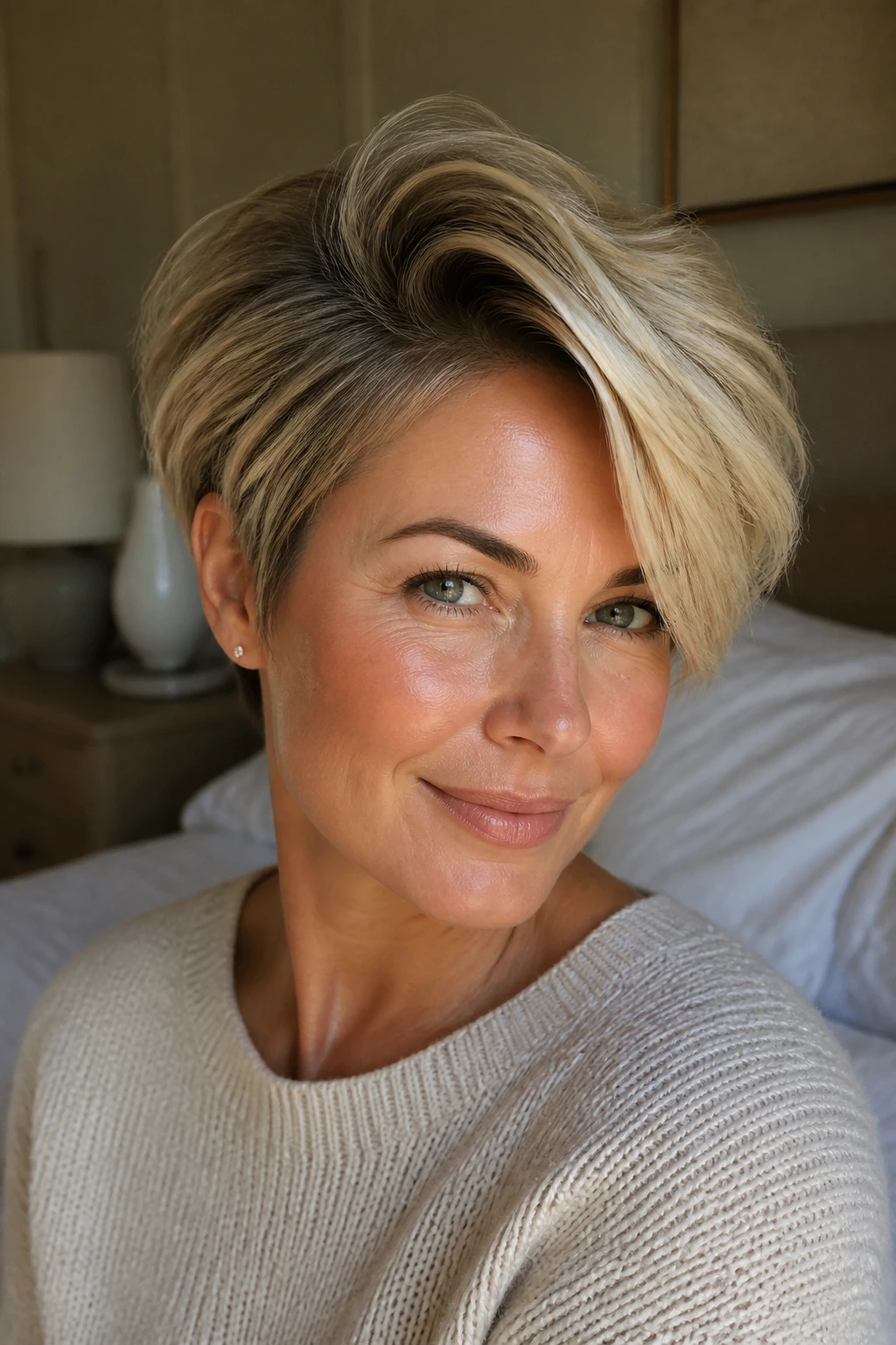 Portrait of a woman with a side-swept pixie and root volume.