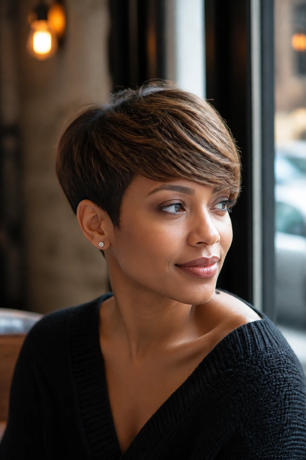 Real woman wearing a side-swept pixie wig with diagonal fringe.